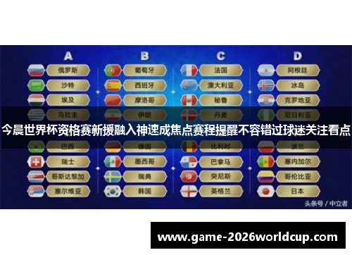 今晨世界杯资格赛新援融入神速成焦点赛程提醒不容错过球迷关注看点